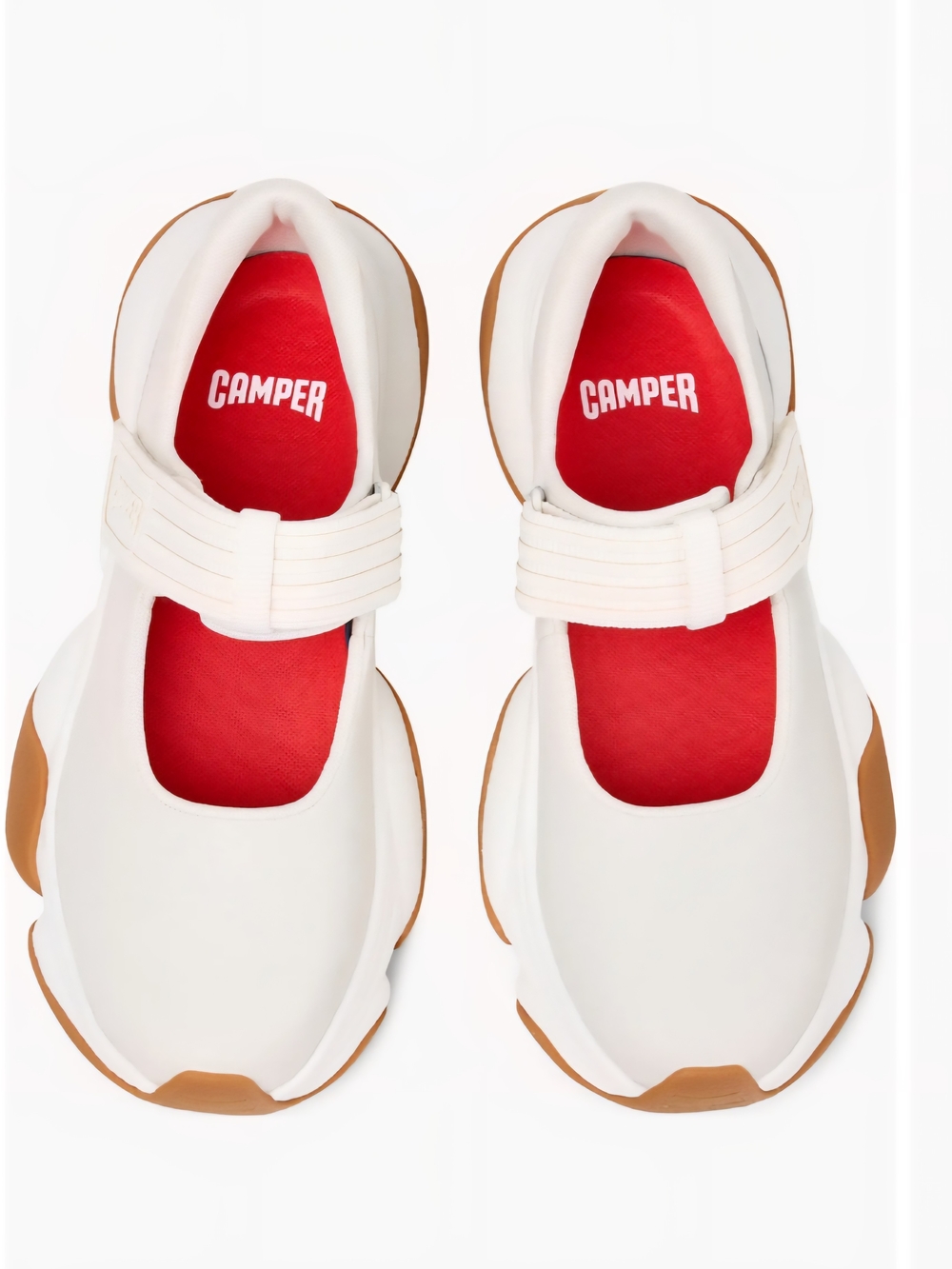 Camper White Mary Jane Sneakers with Red Insole and Tan Outsole